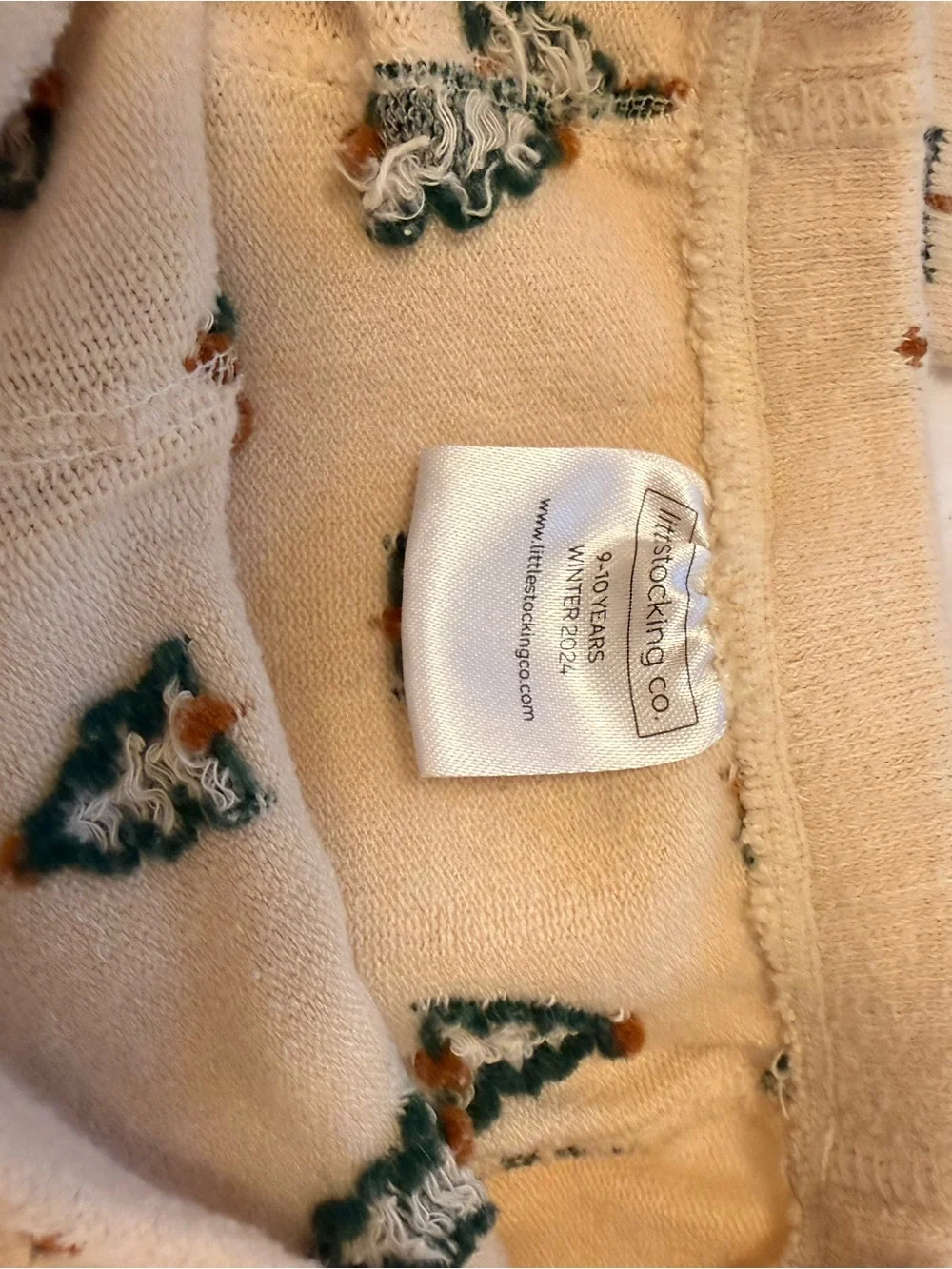 Little Stocking Co. beige cotton tights with Green Tree Pattern and Maroon Toe